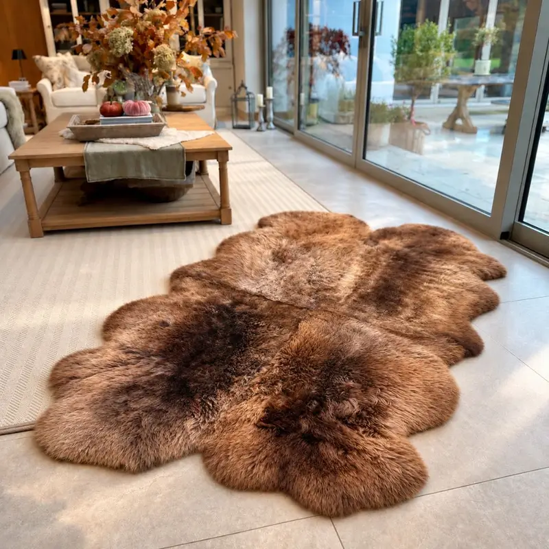 A quad rare breed rug in a light living room.